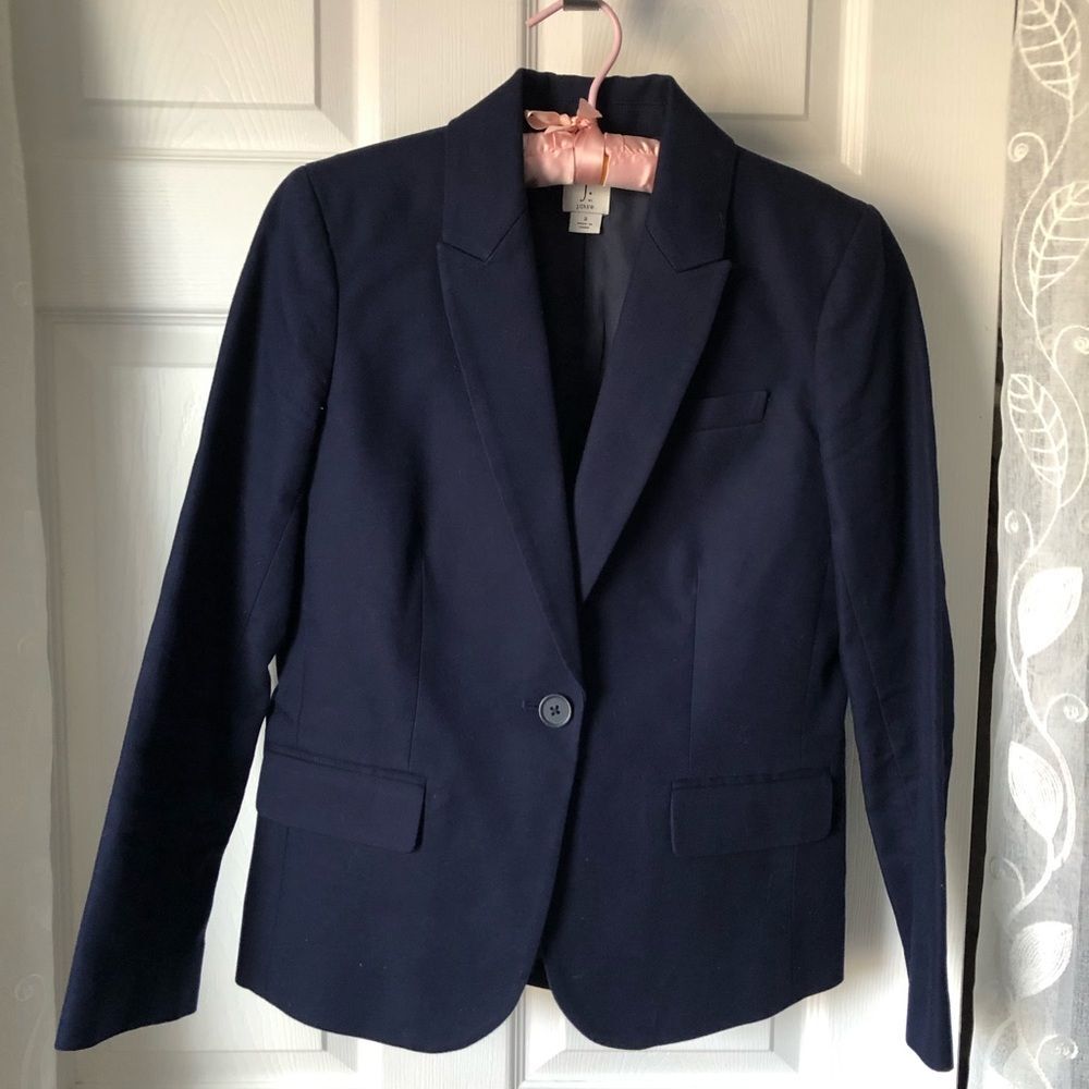 J. By J. Crew Blazer Women sz 2 Navy Blue One-Button 100% Cotton Career classic